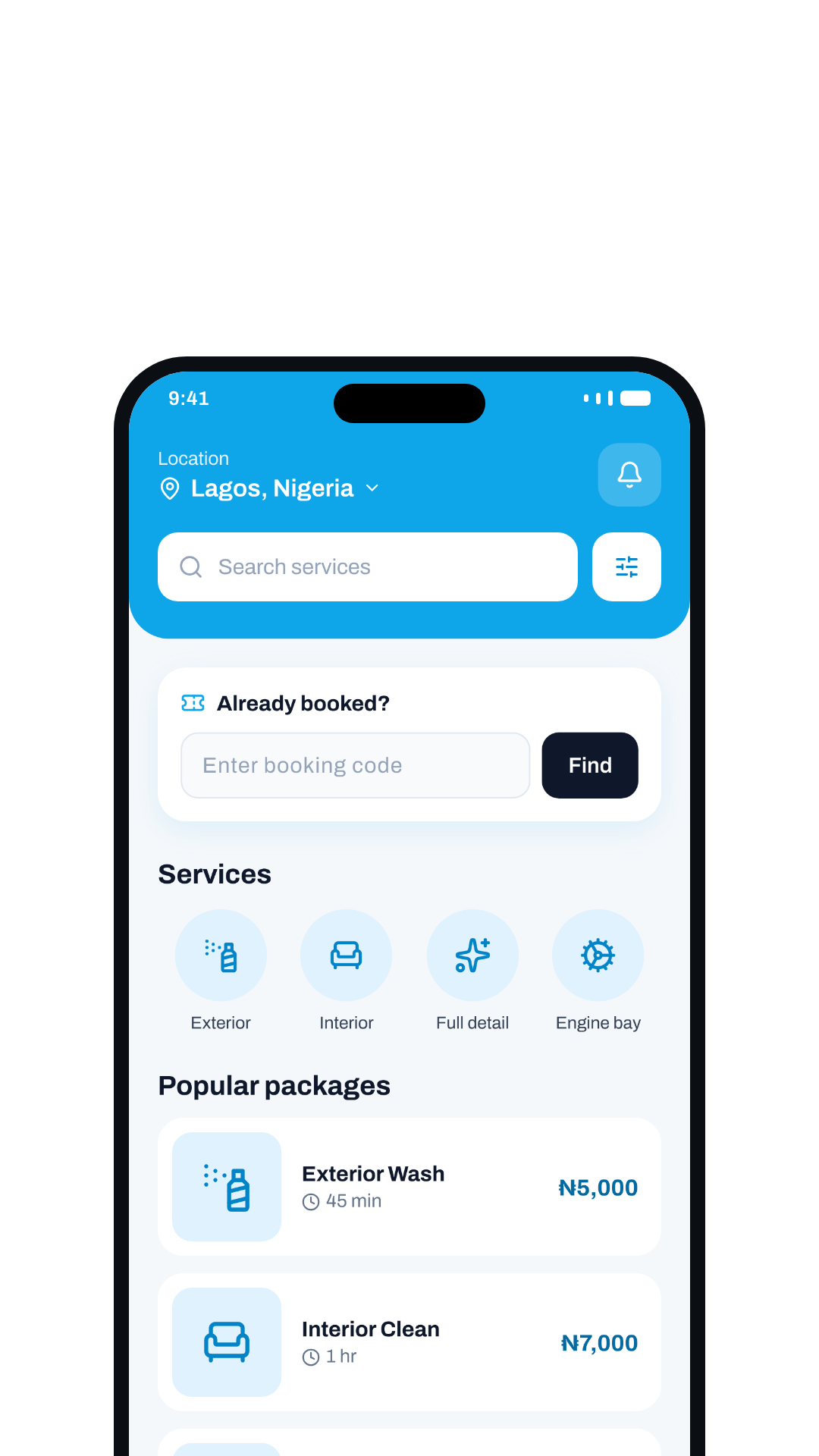Skywash app home screen